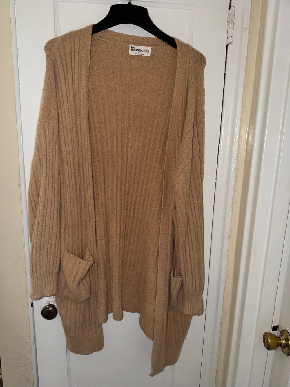 No Boundaries Camel Ribbed Open-Front Cardigan